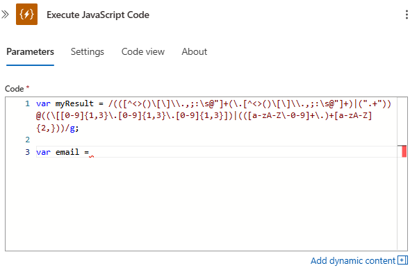Screenshot des Verbrauchs-Workflows, Ausführen von JavaScript-Code und Beispielcode zum Erstellen von Variablen.