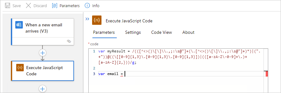 Screenshot mit der Standardworkflow-, Ausführen-JavaScript-Code-Aktion und Beispielcode zum Erstellen von Variablen.