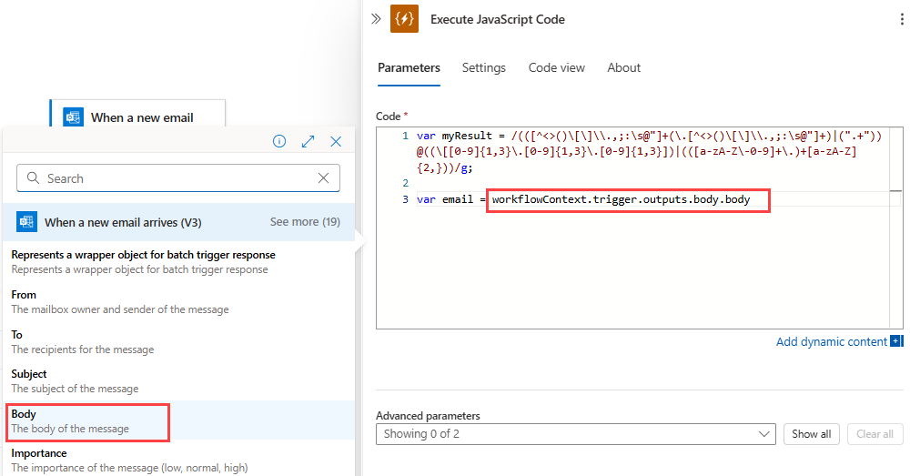 Screenshot, das den Verbrauchs-Workflow, die Aktion 