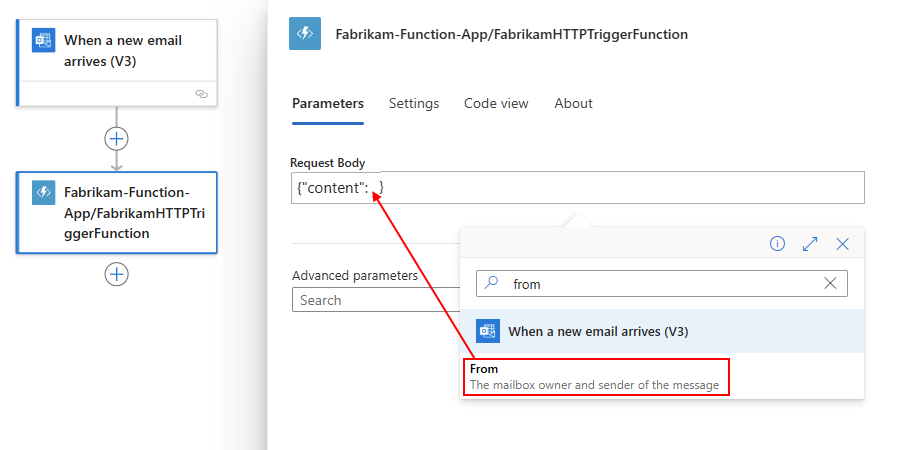 Der Screenshot zeigt einen Consumption Workflow und eine Funktion mit einem Request Body Beispiel für den Payload des Kontextobjekts.