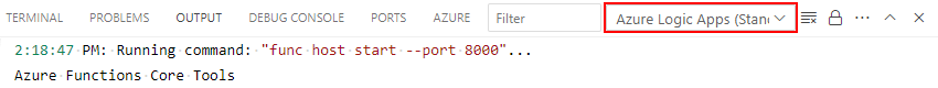 Screenshot des Ausgabefensters mit ausgewählter Bereichsliste und ausgewählten Azure Logic Apps (Standard).