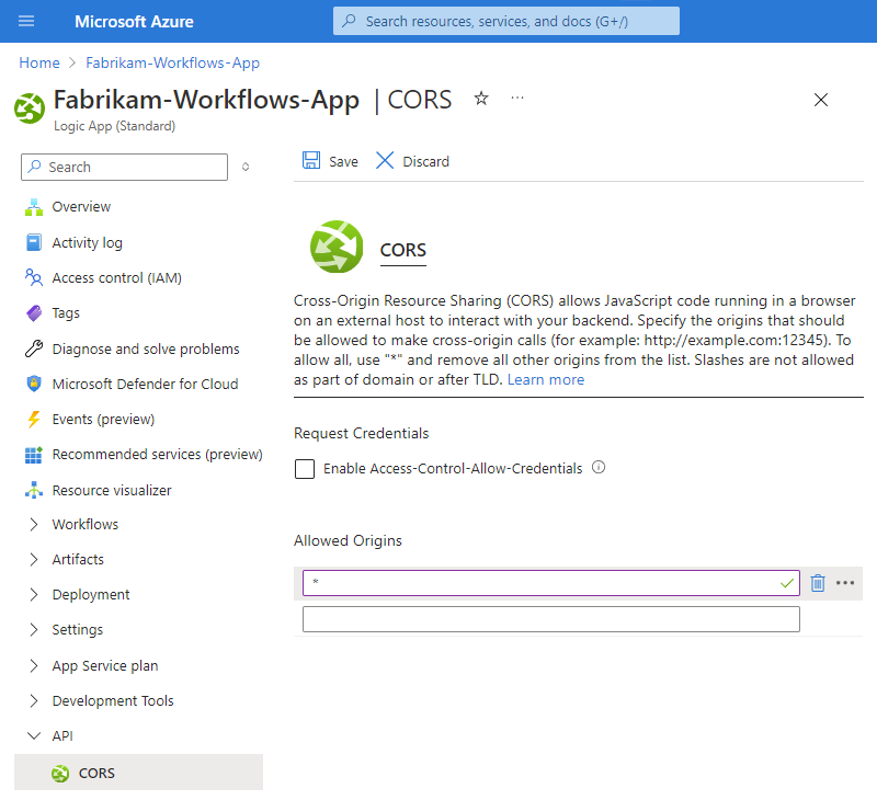 Screenshot des Azure-Portals mit bereitgestellter Standardlogik-App-Ressource. Im Ressourcenmenü wird CORS mit einem neuen Eintrag für zulässige Ursprünge ausgewählt, der auf das Zeichen 