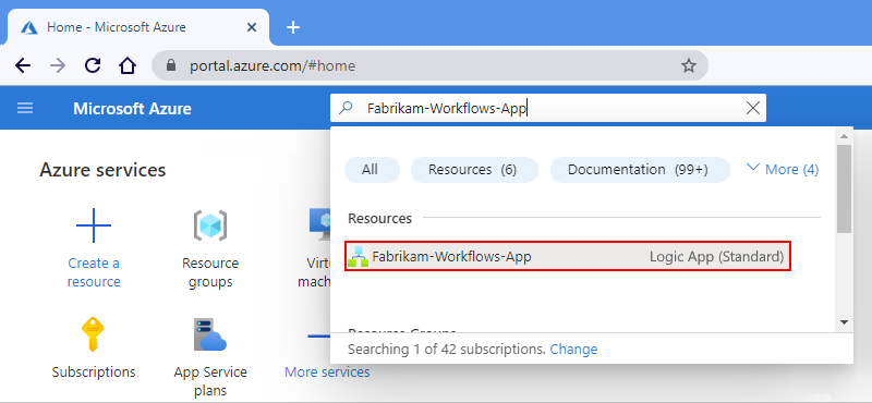 Screenshot des Azure-Suchfelds mit eingegebenem Logik-App-Namen.
