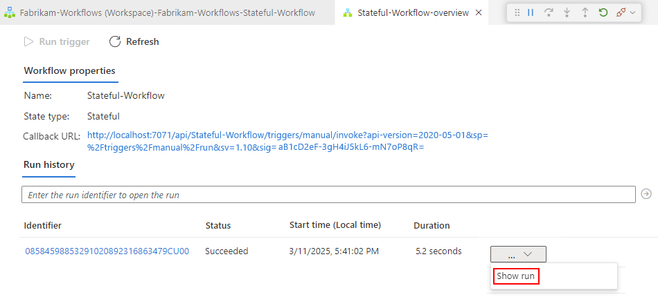 Screenshot der Zeile mit dem Ausführungsverlauf des Workflows mit ausgewählter Schaltfläche mit Auslassungspunkten und der Option „Ausführung anzeigen“