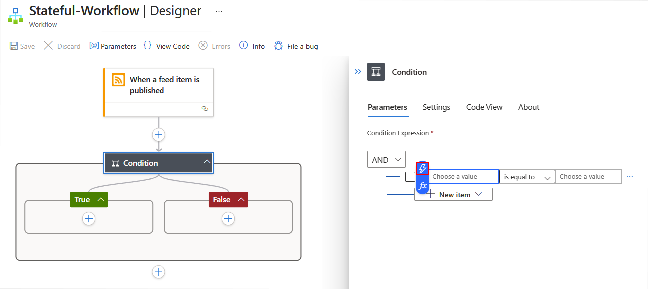 Screenshot: Azure-Portal, Standardworkflow-Designer, RSS-Trigger und Bedingungsaktion mit geöffnetem Informationsbereich und ausgewählter Schaltfläche für dynamische Inhalte.