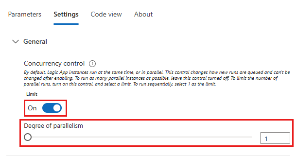 Screenshot: „For each“-Aktion, Registerkarte „Einstellungen“ und die aktivierte Einstellung „Parallelität“ für das Steuerelement, wobei der Schieberegler für den Grad der Parallelität auf 1 festgelegt ist.