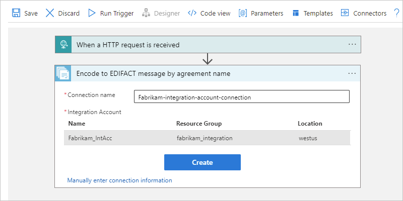 Screenshot des Azure-Portals, des Consumption-Workflows und des Verbindungsfelds für die Aktion zum Codieren in eine EDIFACT-Nachricht anhand des Vertragsnamens