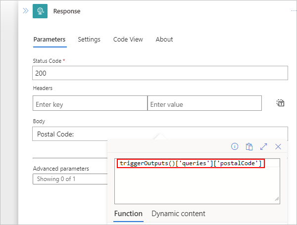 Screenshot zeigt den Verbrauchsworkflows mit Antwortaktion und Beispiel für den triggerOutputs-Ausdruck.