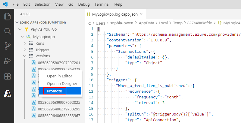 Screenshot, der Visual Studio Code zeigt und erklärt, wie man eine ältere Version einer Logik-App auf die aktuelle Version aktualisiert.