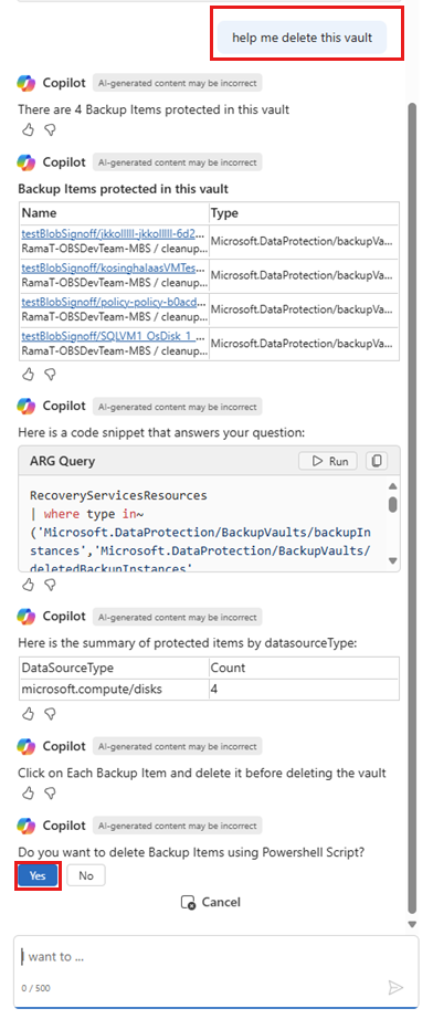 Screenshot zeigt die Option zum Herunterladen des Tresorlöschskripts von Copilot.