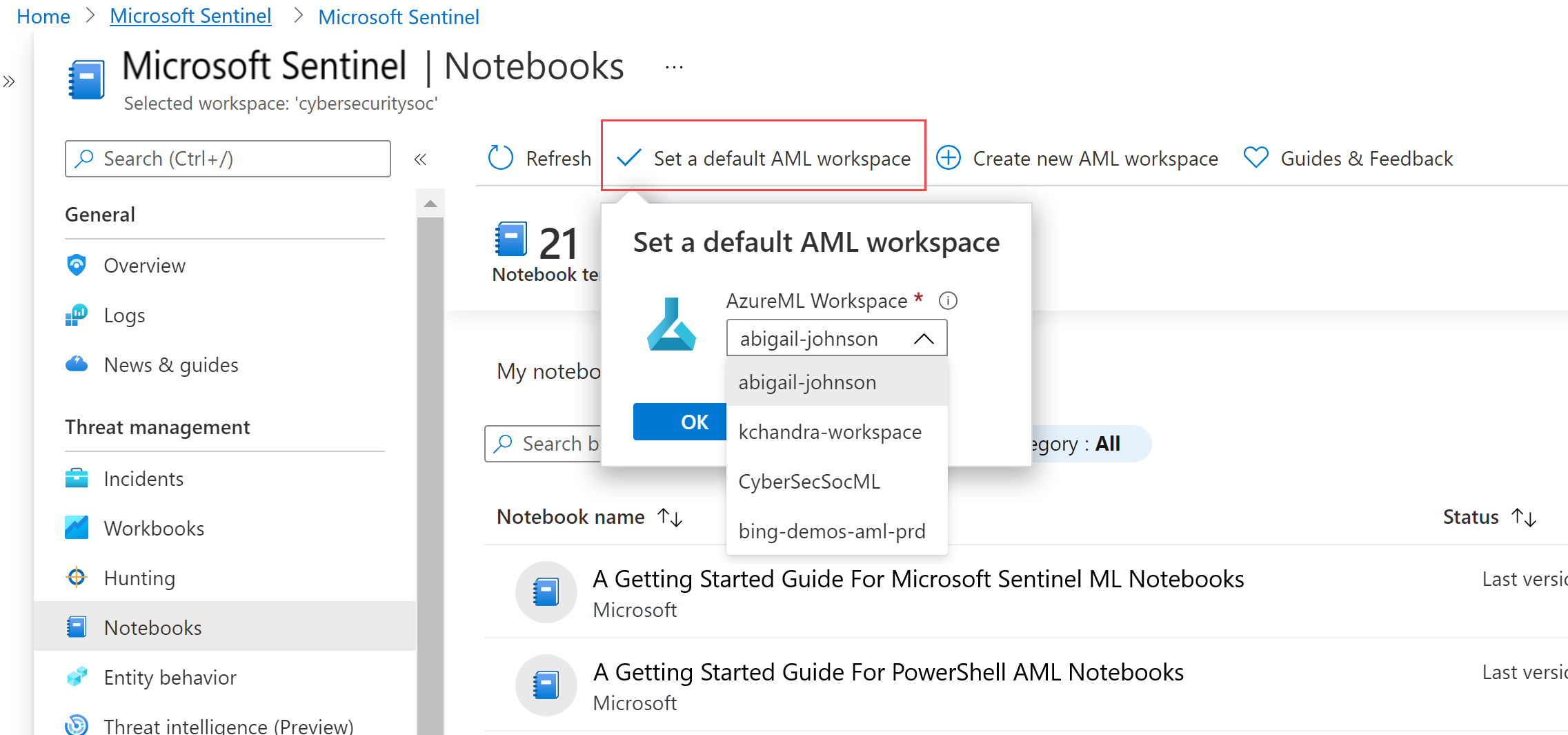 Wählen Sie einen STANDARD-AML-Arbeitsbereich für Ihre Notebooks aus.