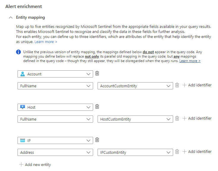 Screenshot der vorhandenen Entitätszuordnungseinstellungen.