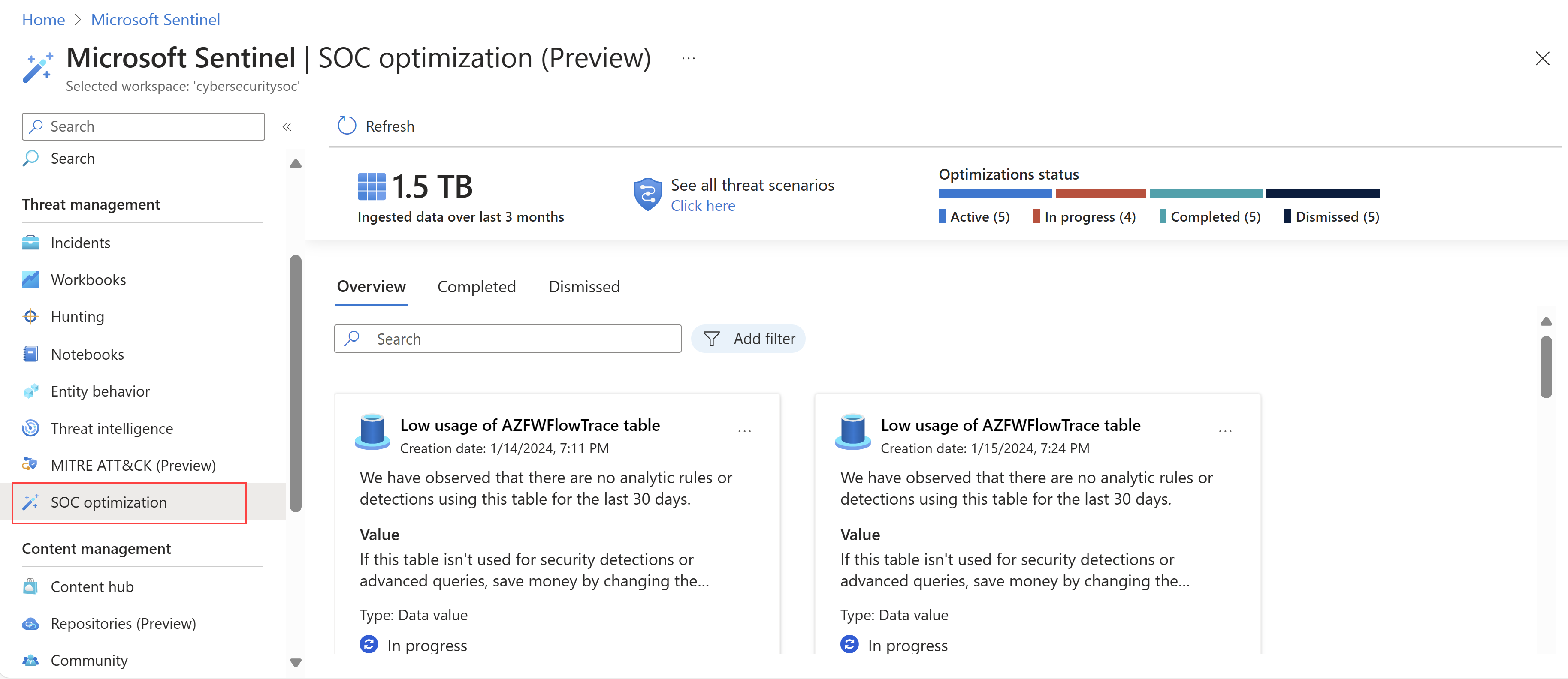 Screenshot der SOC-Optimierungsseite im Azure-Portal.