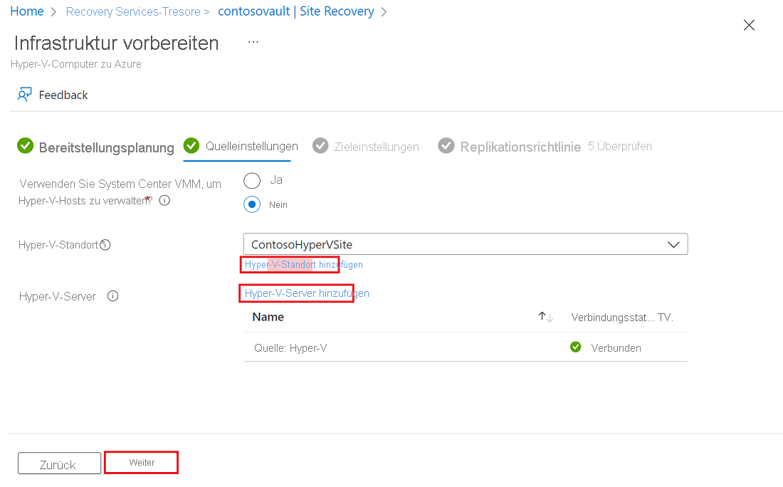 Screenshot des Bereichs „Quelleinstellungen“ mit hervorgehobenen Links zum Hinzufügen von Hyper-V-Site und Hyper-V-Servern.