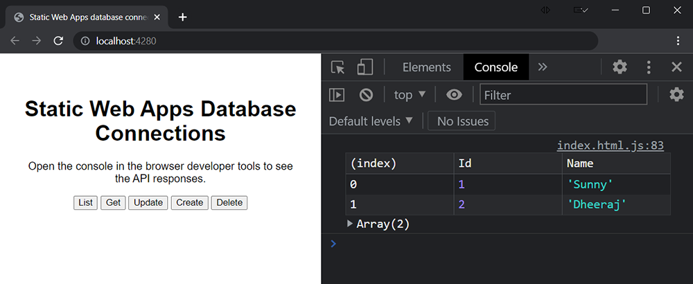 Webbrowser mit Ergebnissen von MySQL im Konsolenfenster der Entwicklertools.