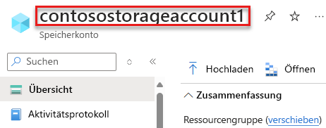 Screenshot der Seite im Azure-Portal mit Hervorhebung des Namens des Speicherkontos.