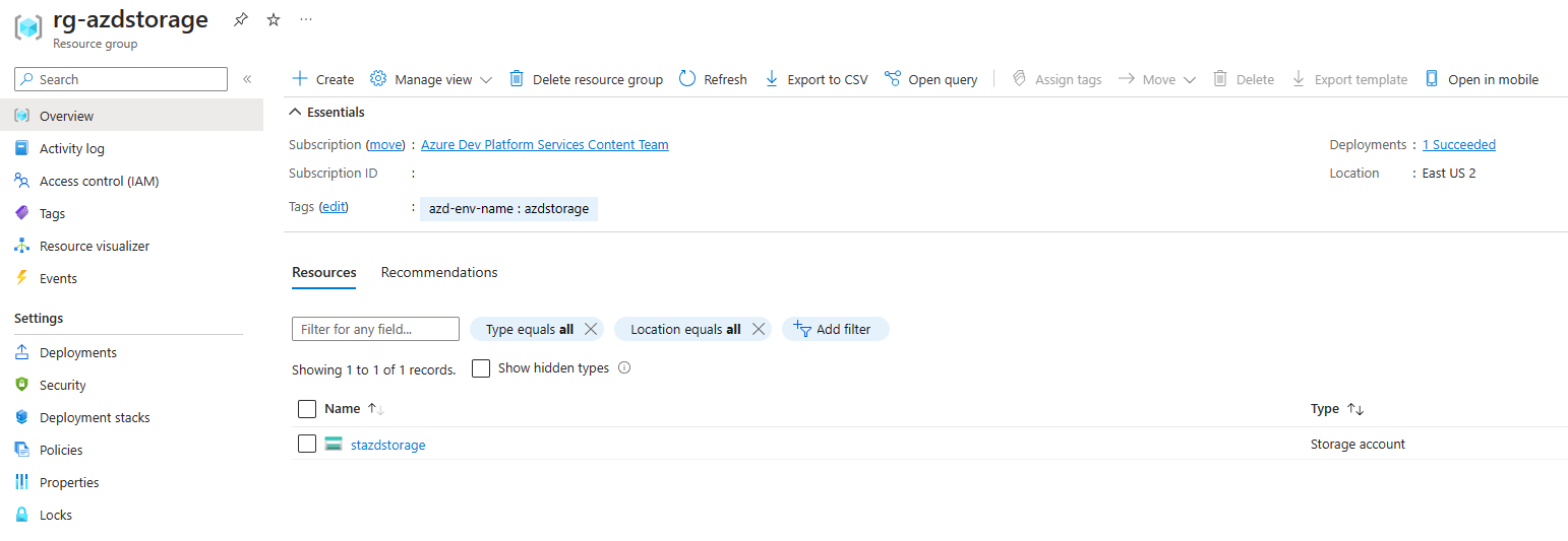 Screenshot des bereitgestellten Ressourcengruppen- und Speicherkontos im Azure portal.
