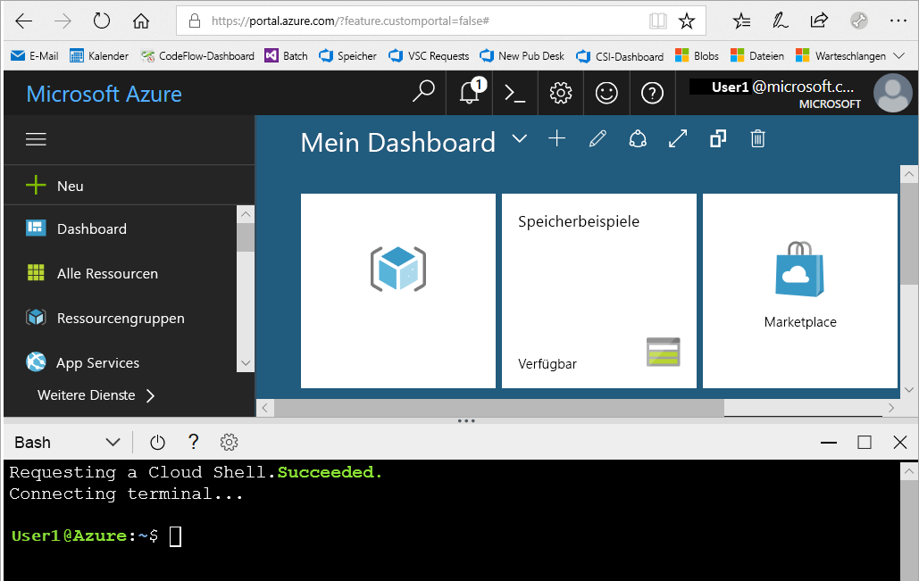 Screenshot des fensters Cloud Shell im Azure portal.
