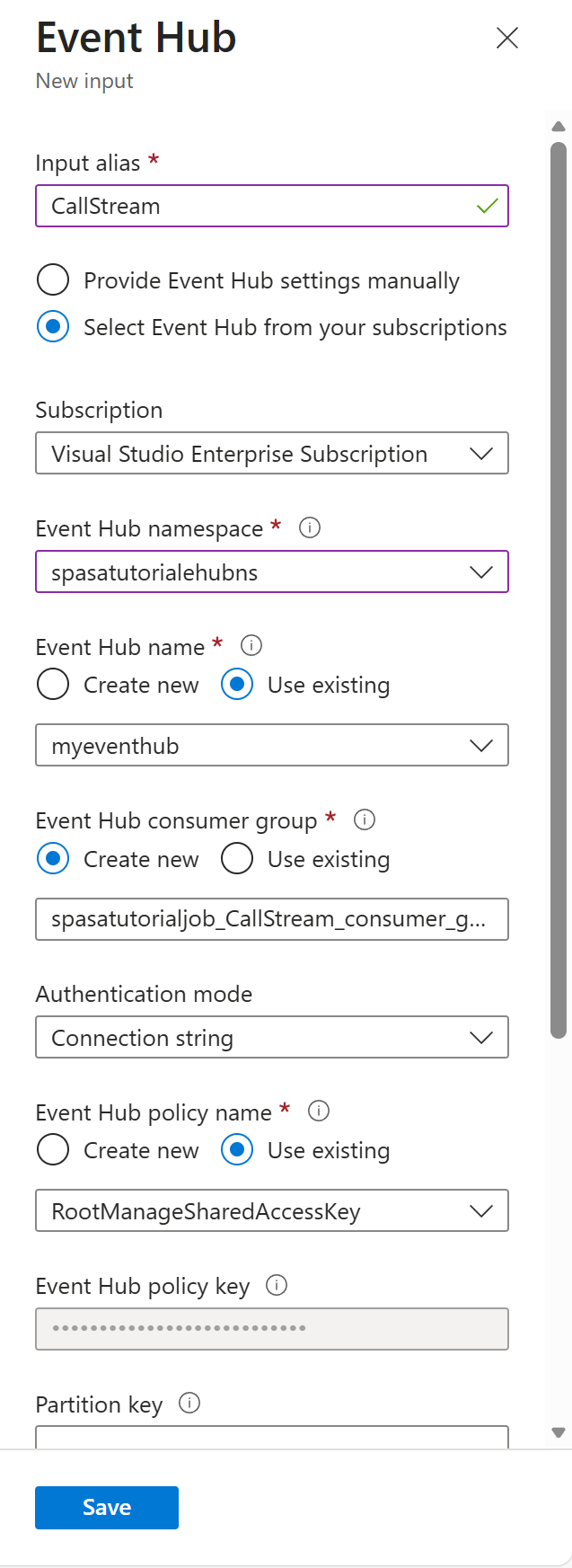 Der Screenshot zeigt die Event Hubs-Konfigurationsseite für eine Eingabe.
