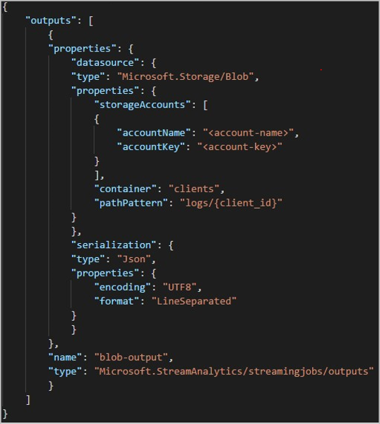 Screenshot der JSON-Ausgabekonfiguration der REST-API für BLOB-Speicher.