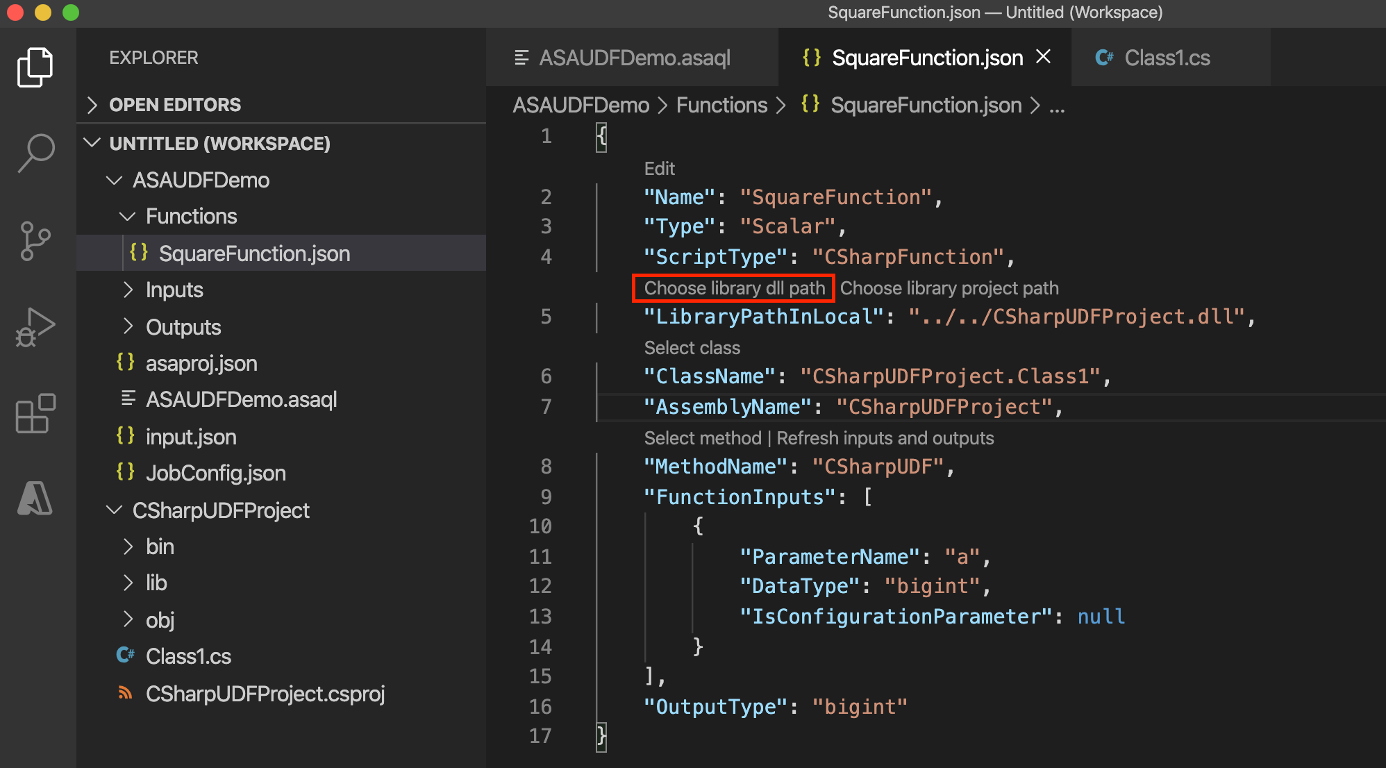 Screenshot der Stream Analytics C#-Funktionskonfiguration für eine Bibliotheks-DLL.