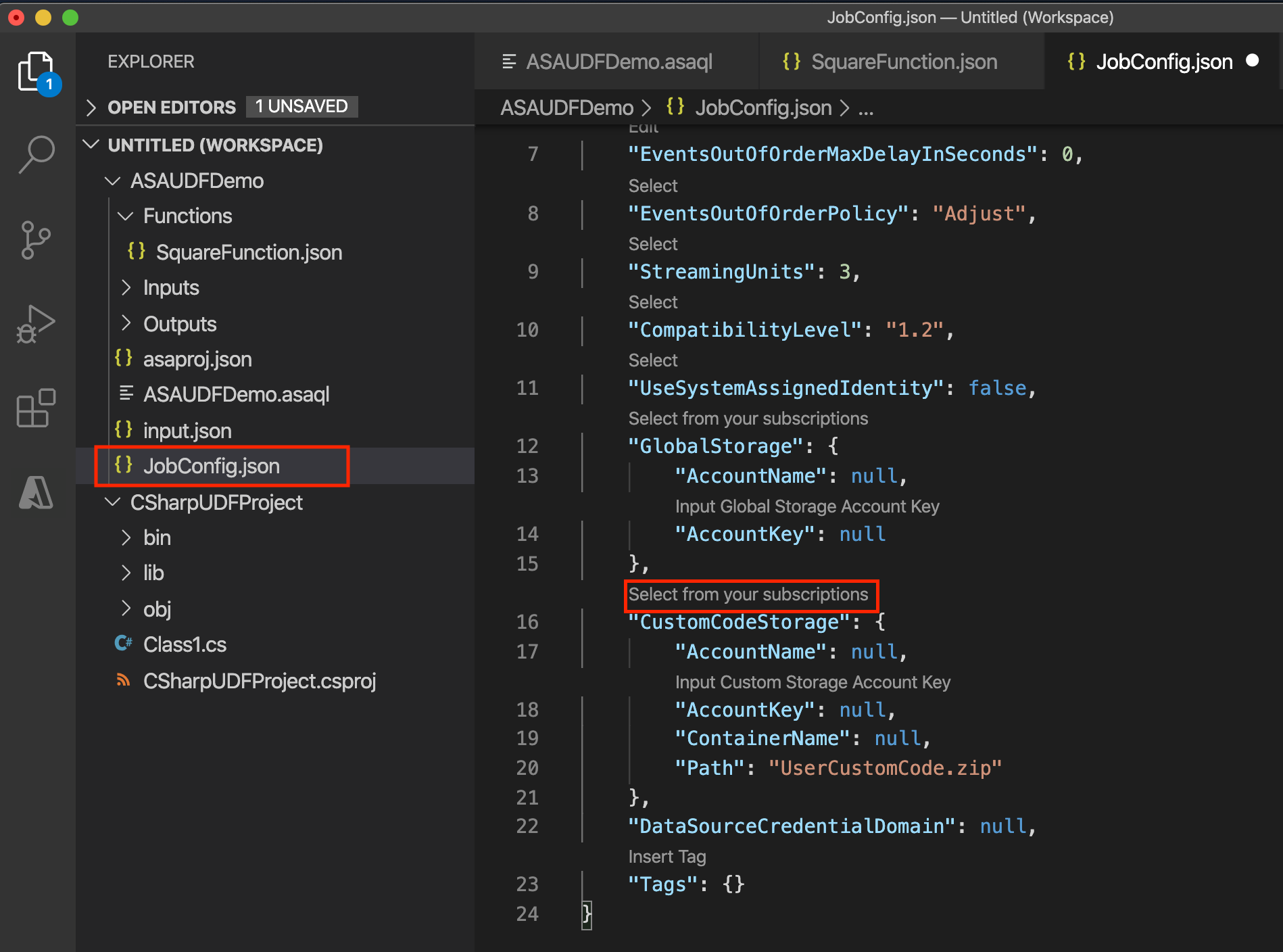 Screenshot der Konfiguration des Speicherkontos für eine Stream Analytics C#-Funktion.