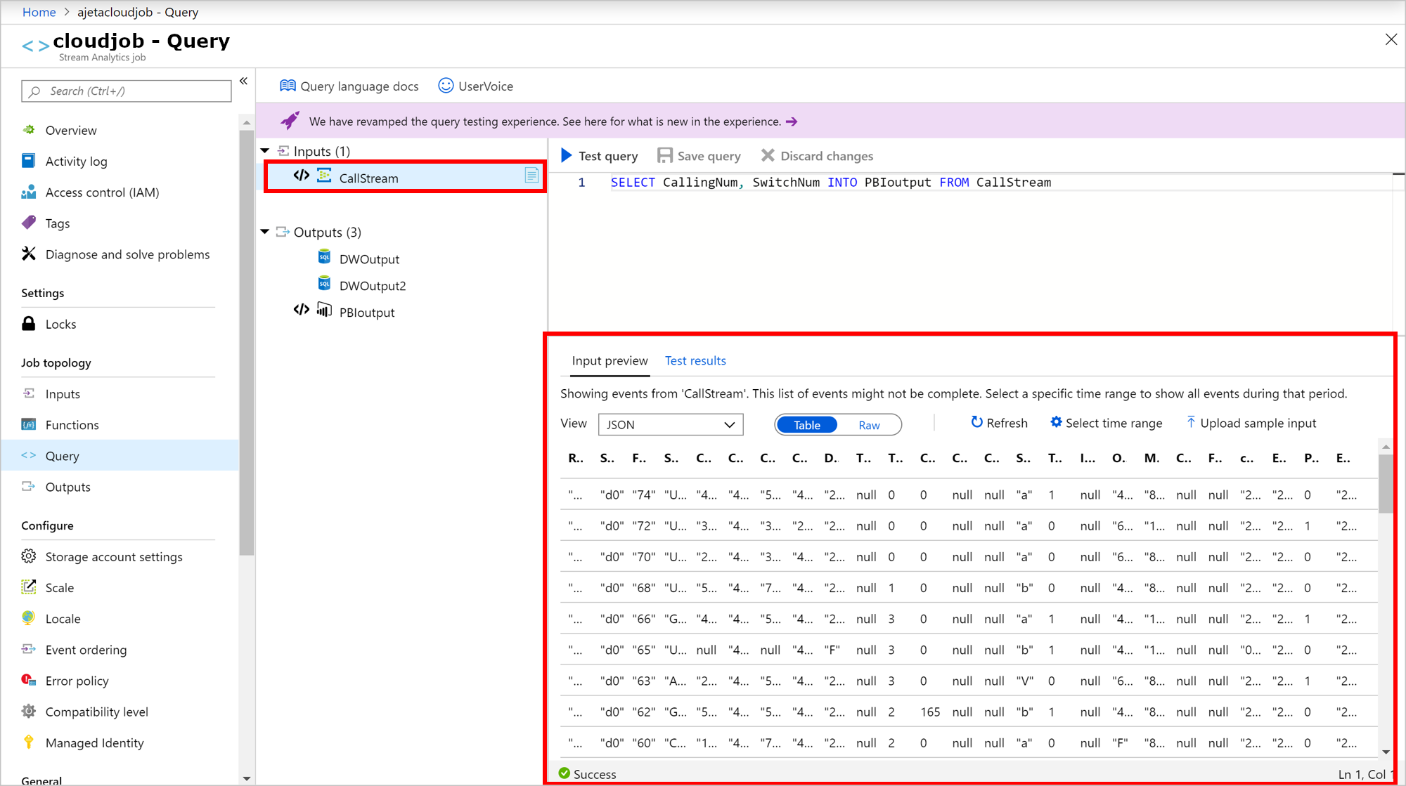 Screenshot von Azure Stream Analytics-Beispieleingabedaten, die im Tabellenformat angezeigt werden.