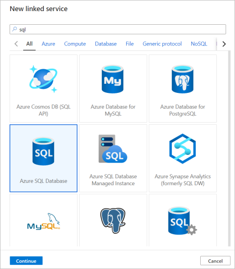 Erstellen eines neuen verknüpften Azure SQL-Datenbankdiensts