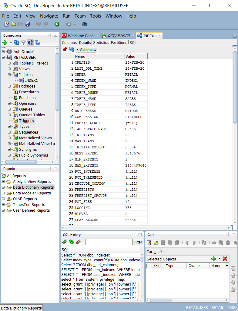 Screenshot: Abfragen von Systemkatalogtabellen und -ansichten in Oracle SQL Developer