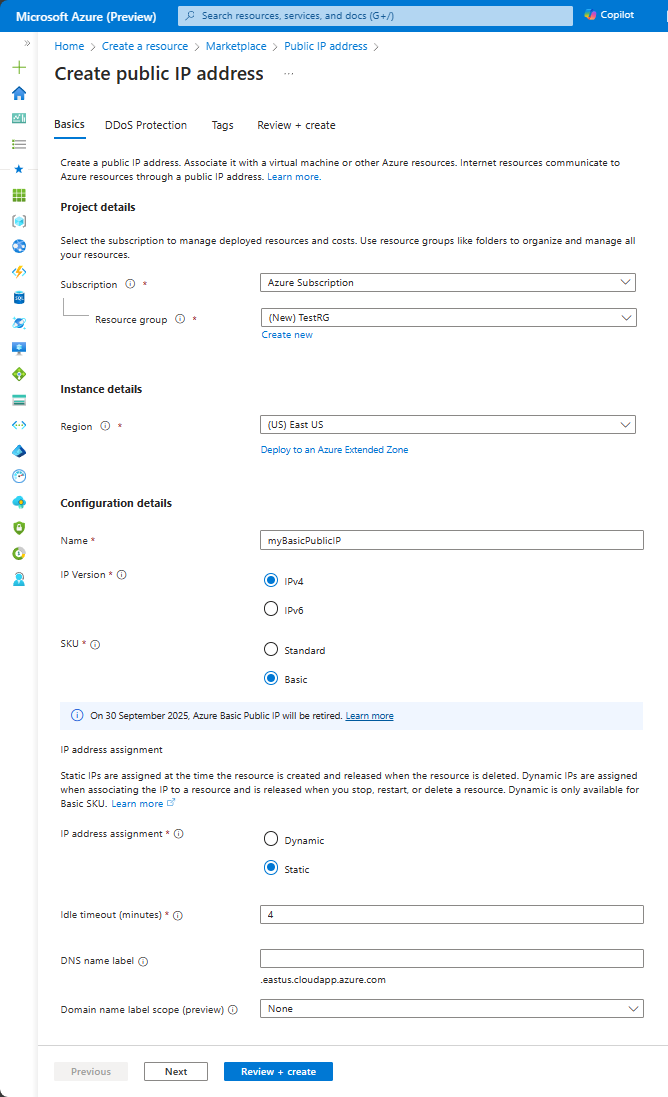 Screenshot: Einstellungen für eine Basic-SKU auf der Registerkarte „Grundlagen“ des Bildschirms „Öffentliche IP-Adresse erstellen“.