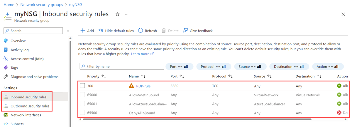 Screenshot der eingehenden Sicherheitsregeln einer Netzwerksicherheitsgruppe im Azure-Portal.