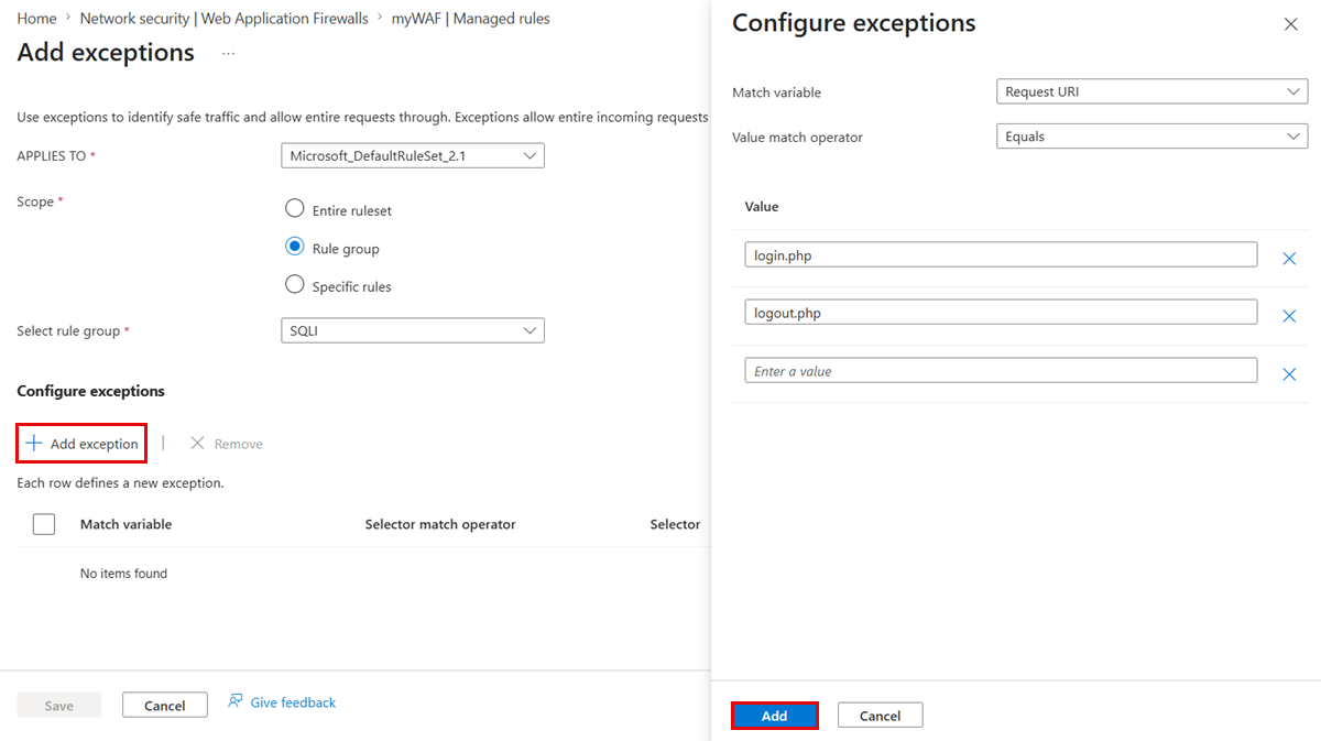 Screenshot, der zeigt, wie Sie die Übereinstimmungsvariable, den Wertabgleichsoperator und die Werte für die Ausnahme in einer WAF-Richtlinie im Azure-Portal konfigurieren.