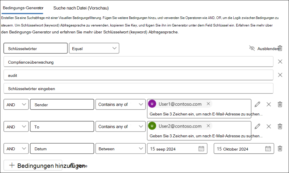 Screenshot einer Bedingungs-Generator-Suche mit Den Bedingungen 