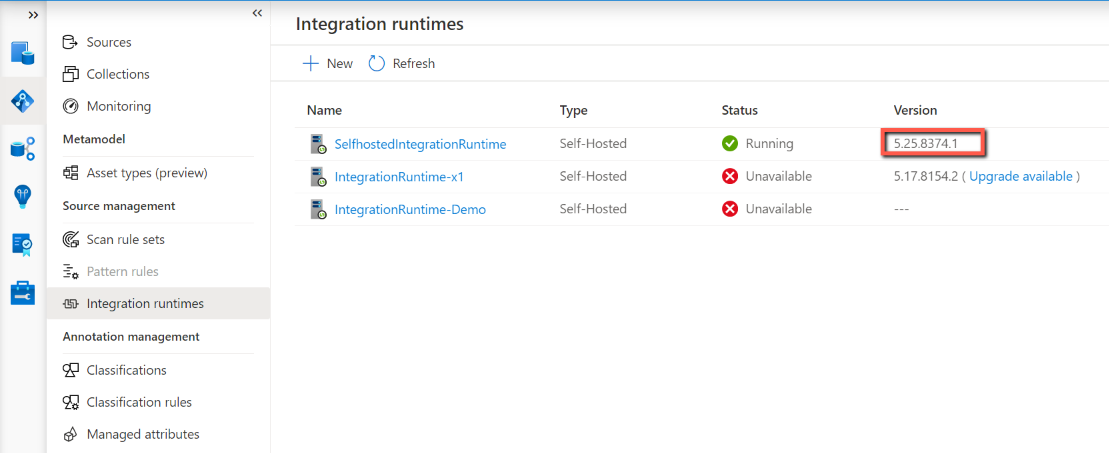 Screenshot, der die Version im klassischen Microsoft Purview-Governanceportal zeigt.