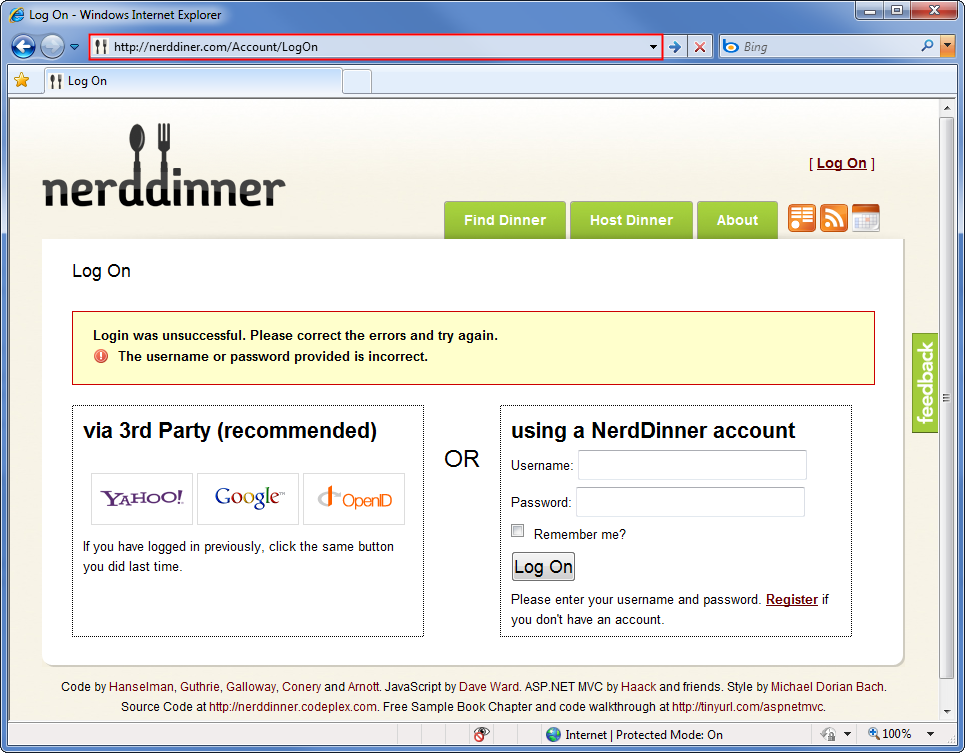 Screenshot der gefälschten Nerd Dinner Log-On-Seite, auf der der Benutzer aufgefordert wird, seine Anmeldeinformationen erneut einzugeben. Die gefälschte URL in der Titelleiste ist hervorgehoben.
