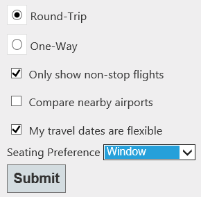 Screenshot des HTML-Formulars mit dem ausgefüllten Round-Trip-Kreis und den angekreuzten Kontrollkästchen 