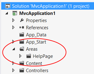 Screenshot der Menüoptionen der Web-API-Projektvorlage, mit einem Kreis um den Bereichs- und Hilfeseitenordner.
