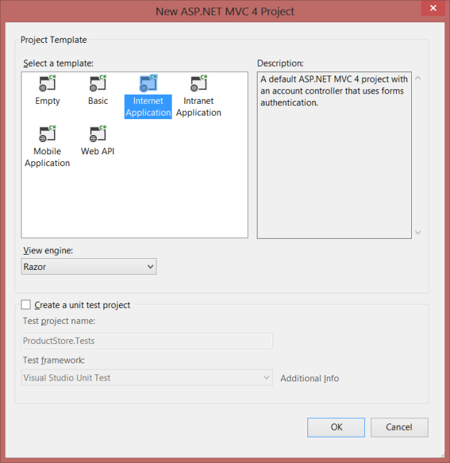 Screenshot des Visual Studio neuen A P P Dot net M V C 4-Projektbildschirms. Die Internetanwendungsvorlage ist hervorgehoben.