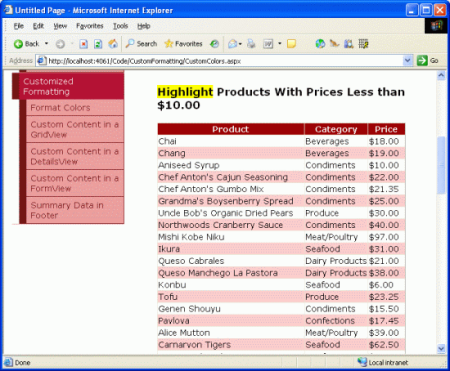Die GridView listet den Namen, die Kategorie und den Preis für jedes Produkt auf.