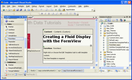 Die FormView kann im Designer erst gerendert werden, wenn eine ItemTemplate bereitgestellt wird.