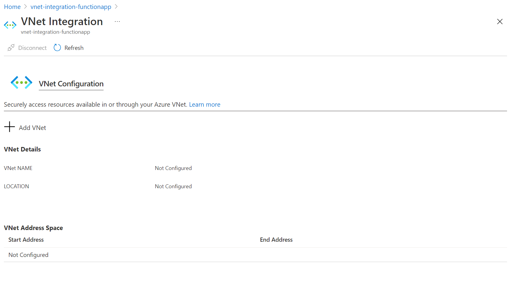 Screenshot der Seite für die Integration virtueller Netzwerke, auf der Sie die Integration virtueller Netzwerke in Ihrer App aktivieren können.