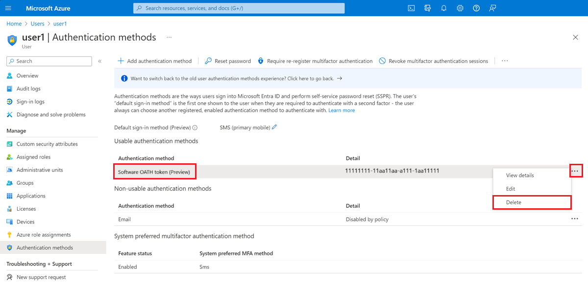 Screenshot der Seite Authentifizierungsmethoden im Azure-Portal, auf der das Menüelement Authentifizierungsmethoden, die Authentifizierungsmethode für Software-OATH-Token und die Schaltfläche Löschen hervorgehoben sind