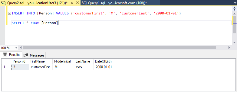 Screenshot von SQL Server Management Studio (SSMS) mit einer einfachen ANWEISUNG 