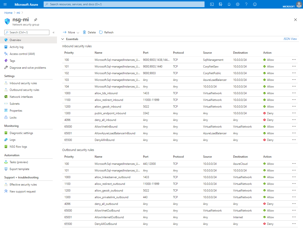 Screenshot der Sicherheitsregeln für Ihre Instanz im Azure-Portal.