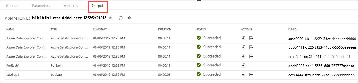 Ausgabe der Azure&nbsp;Data&nbsp;Explorer-Befehlsaktivität