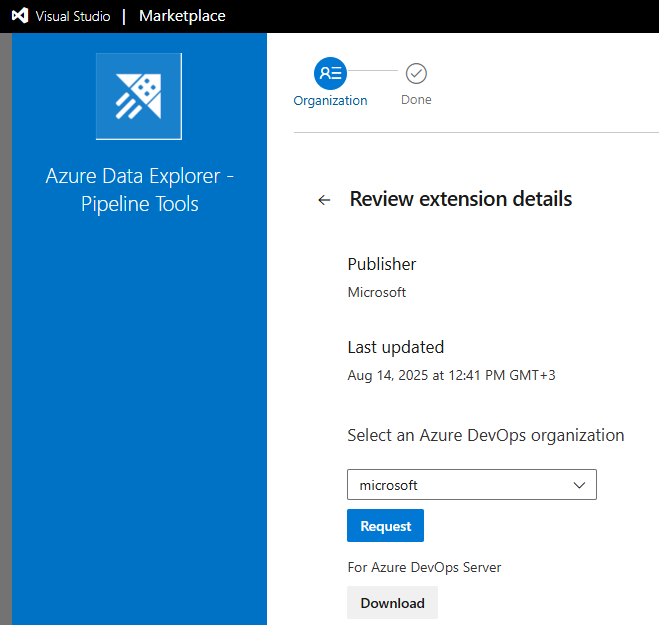 Screenshot der Installation der Erweiterung Pipelinetools aus dem Visual Studio Marketplace.