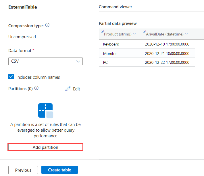 Screenshot von Ansichtsdatei für externe Tabelle in Azure Data Explorer.