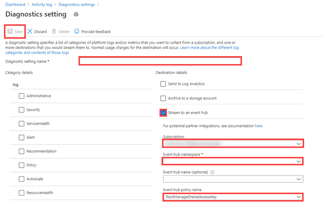 Fenster „Diagnoseeinstellungen“ mit Feldern zum Ausfüllen: Azure&nbsp;Data&nbsp;Explorer-Portal