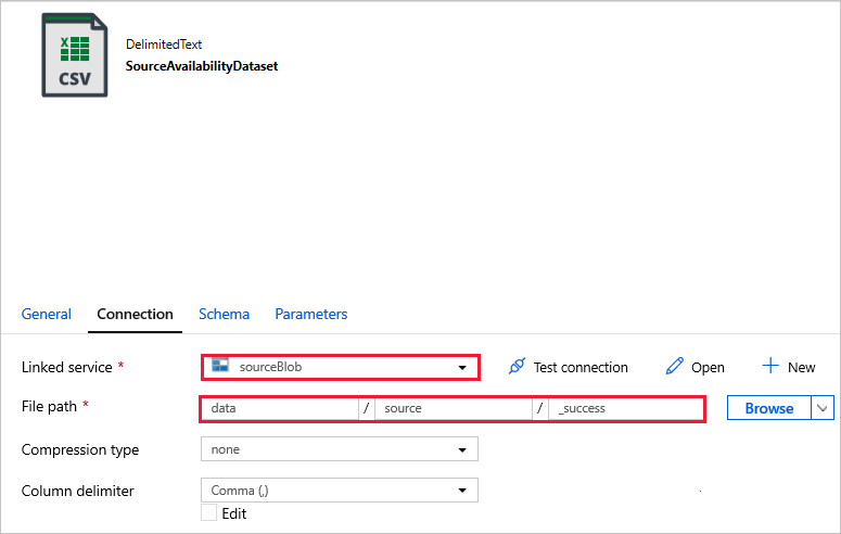 Auswahl für den verbundenen Dienst und den Dateipfad für „SourceAvailabilityDataset“