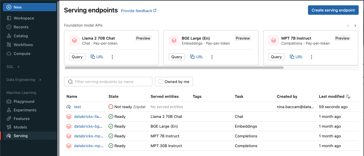 Modellbereitstellungsbereich in der Benutzeroberfläche von Databricks